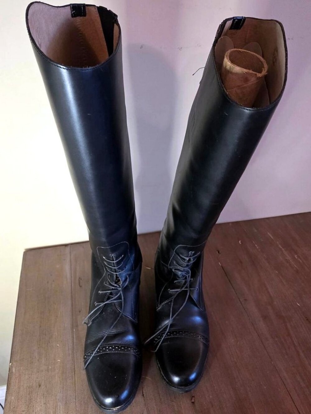 Cavalier Vintage Black Leather Tall Field Riding Boots Lace Up Size 8.5 XW